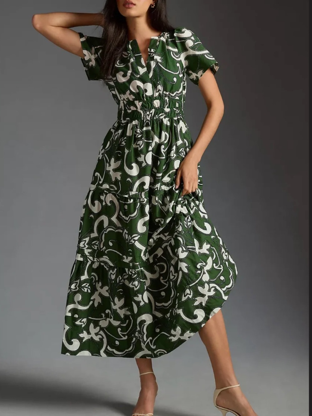 Anthropologie Green and White Somerset Tiered Maxi Dress
